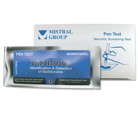 The Barbitusol Identification Pen Test from Mistral is an individual ampoule-based, hand-held colorimetric drug detection and drug identification test for barbiturates.