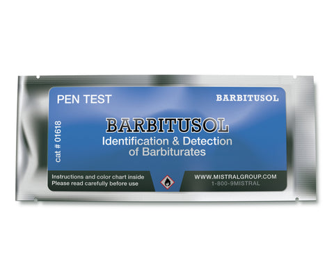 The Barbitusol Identification Pen Test from Mistral is an individual ampoule-based, hand-held colorimetric drug detection and drug identification test for barbiturates.